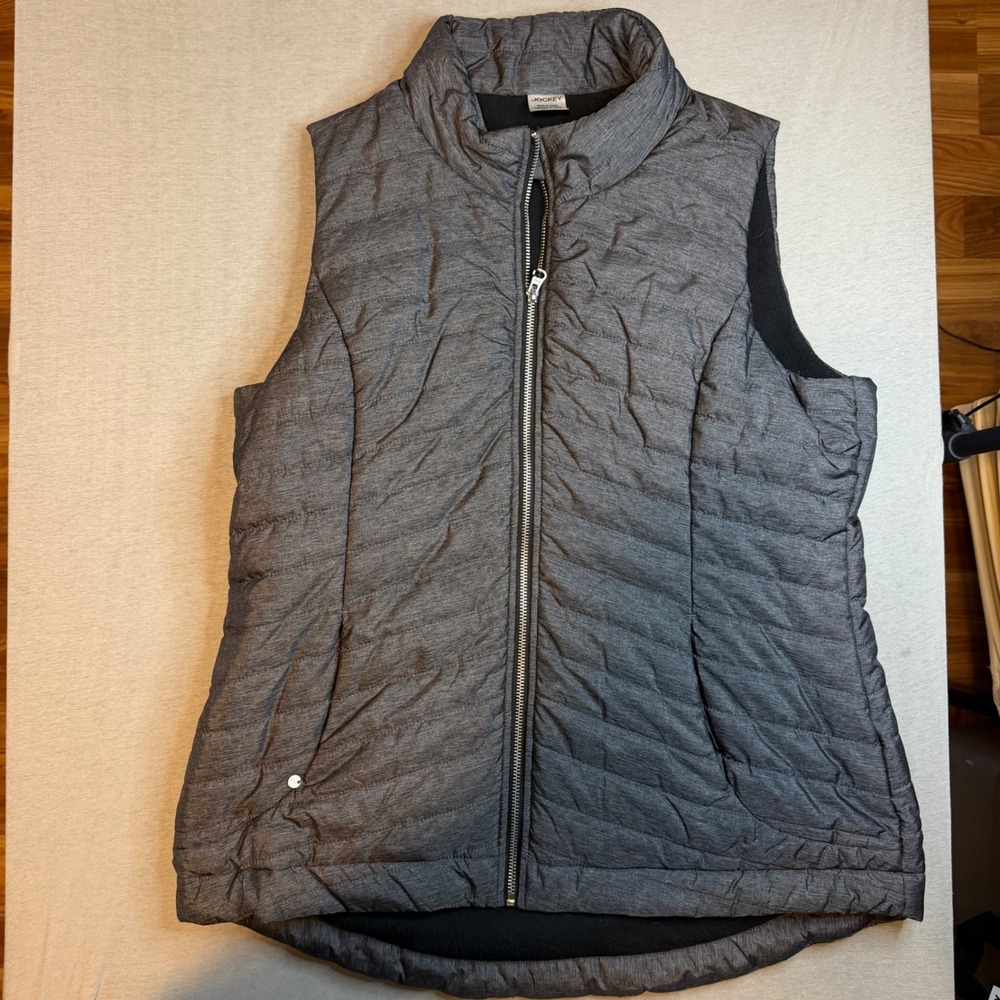 Jockey Womens Quilted Puffer Vest Heather Gray Fleece Lined Full Zip Large